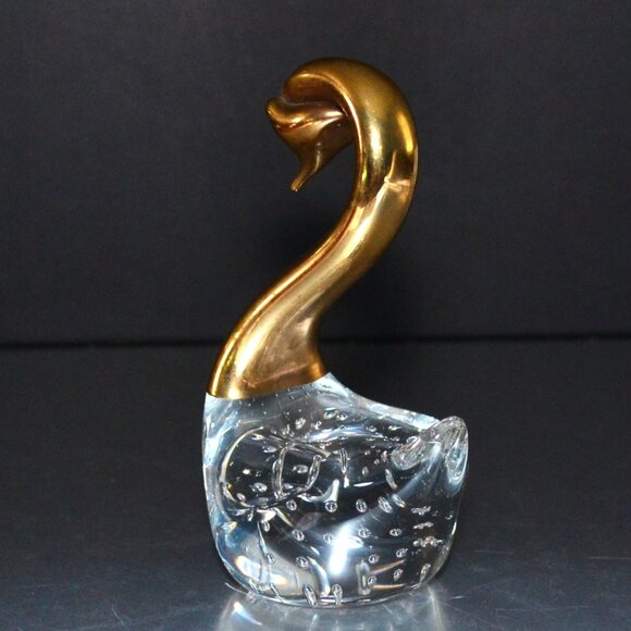 Vintage Brass And Bubble Glass Swan Figure Room Accent Paperweight MCM - Picture 2 of 5